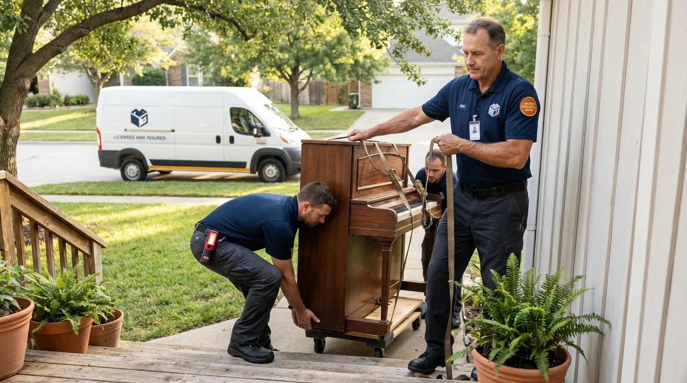 Licensed piano movers securing grand piano in Southgate, MI
