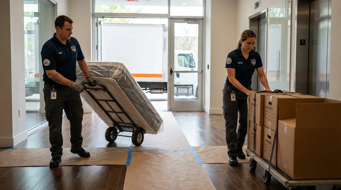 Professional apartment movers loading elevator in Southgate, MI