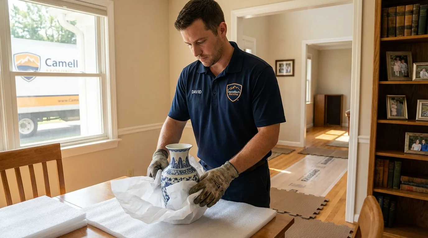 Professional crew carefully wrapping antique vase for senior downsizing move in Southgate, MI